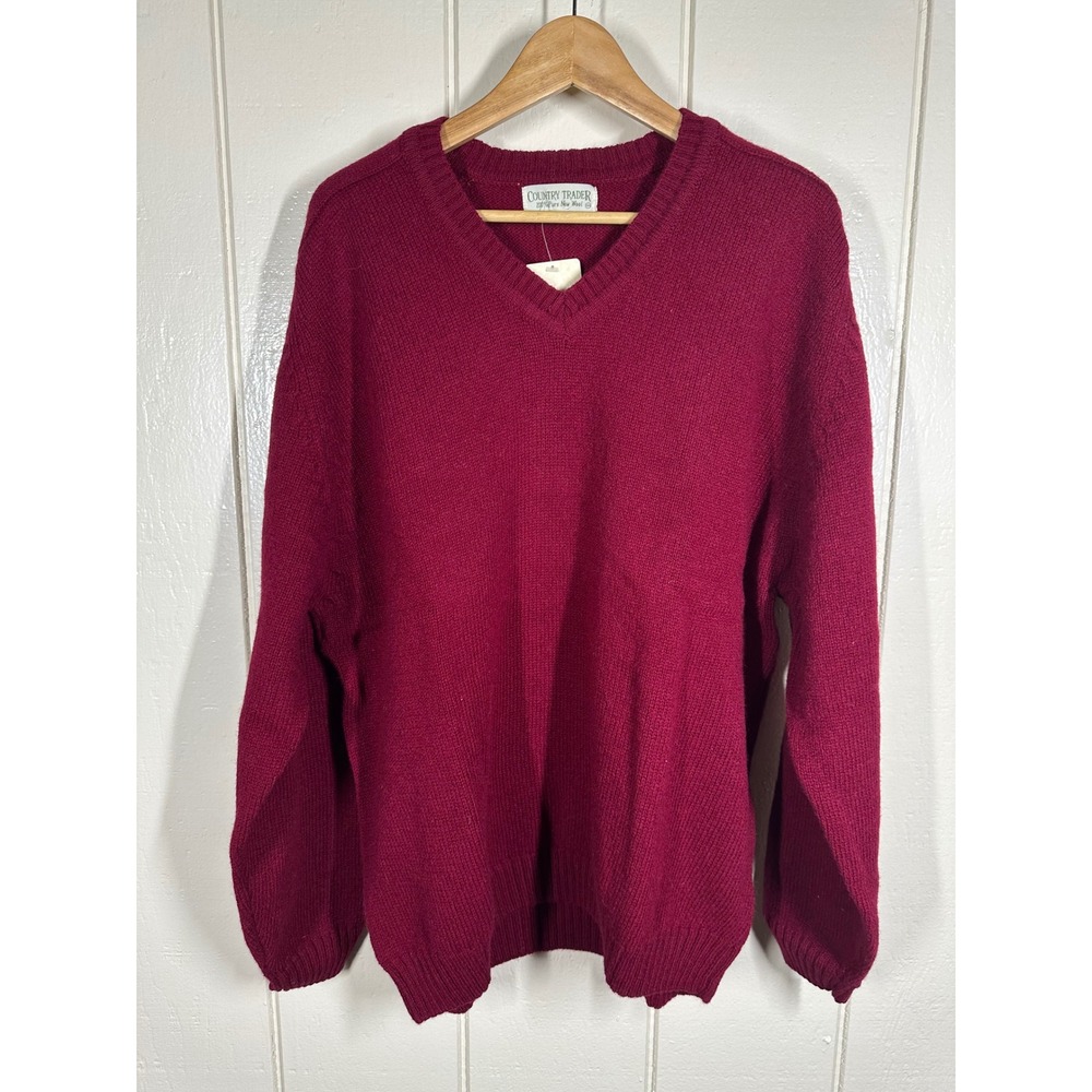 Country Trader Sweater Mens XL Burgundy Pure New Wool V-Neck Solid Knit 7745